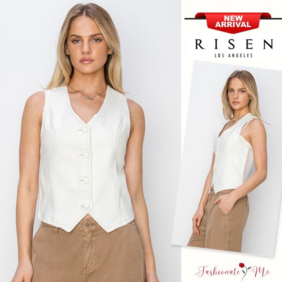 RISEN V-Neckline Button Closure Sleeveless Stretch Casual Denim Vest | White - Picture 1 of 7